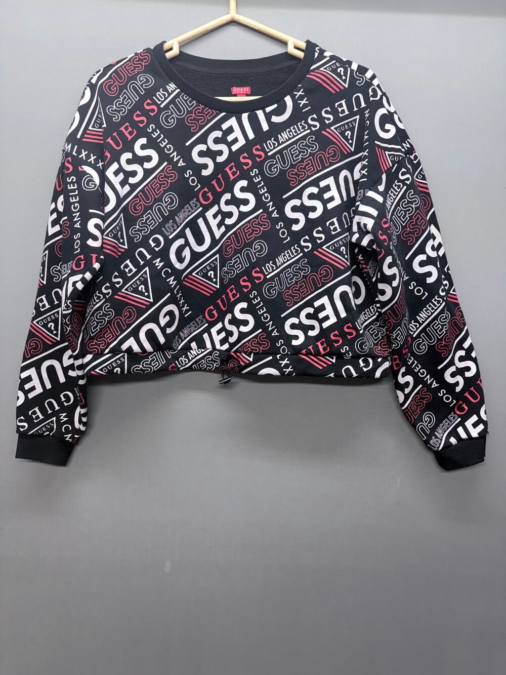 Guess Los Angeles Cropped Sweatshirt Womens Large L All Over Logo Print Black